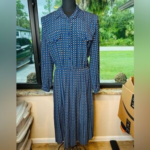 Leslie Fay Vintage Navy White Polka Dot Pleated Shoulder Pad Maxi Dress Size 16